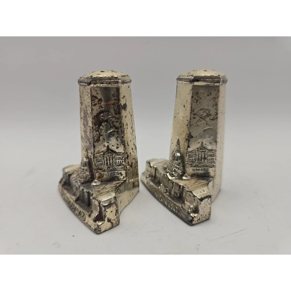 Vtg Mid Century Metal Washington DC Souvenir Salt Pepper Shaker Set Plated